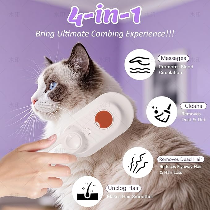 4 in 1 Cat &amp; Dog Steam Brush Kit with 2 Comb Heads - Rechargeable Grooming Brush for Long/Short Hair Shedding, Anti-Static Steam Spray &amp; Foldable Handle, Pet Spa Cleaning Tool (Purple)
