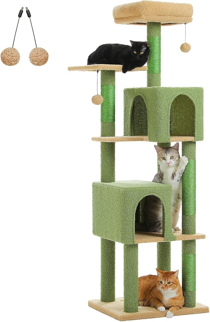 Cactus Cat Tree, 62-Inch Tall Multi-Level Cat Tower with Scratching Posts, Cat Condos for Large Indoor Cats, Plush Cat Bed w/Padded Perches, Scratching Pad &amp; 2 Green Pompoms, Green
