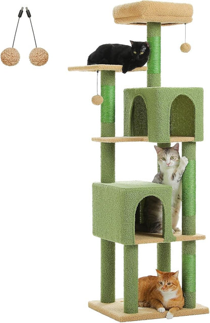 Cactus Cat Tree, 62-Inch Tall Multi-Level Cat Tower with Scratching Posts, Cat Condos for Large Indoor Cats, Plush Cat Bed w/Padded Perches, Scratching Pad &amp; 2 Green Pompoms, Green