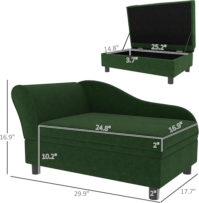 PawHut Luxury Fancy Dog Couch with Hidden Storage, Small Dog Sofa Bed with 2" Soft Foam, Modern Pet Furniture for Puppies &amp; Little Breeds, Green