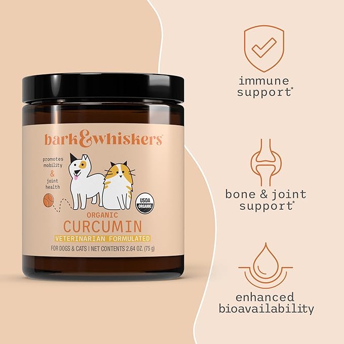 Bark &amp; Whiskers Organic Curcumin, 2.64 Oz. (75 g), 300 Scoops, Promotes Mobility &amp; Joint Health, Veterinarian Formulated, Non-GMO, Certified USDA Organic, Dr. Mercola