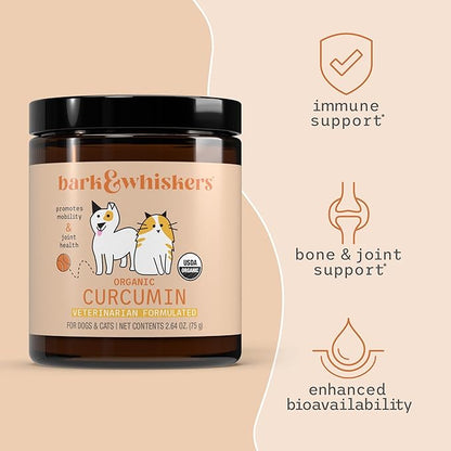 Bark &amp; Whiskers Organic Curcumin, 2.64 Oz. (75 g), 300 Scoops, Promotes Mobility &amp; Joint Health, Veterinarian Formulated, Non-GMO, Certified USDA Organic, Dr. Mercola