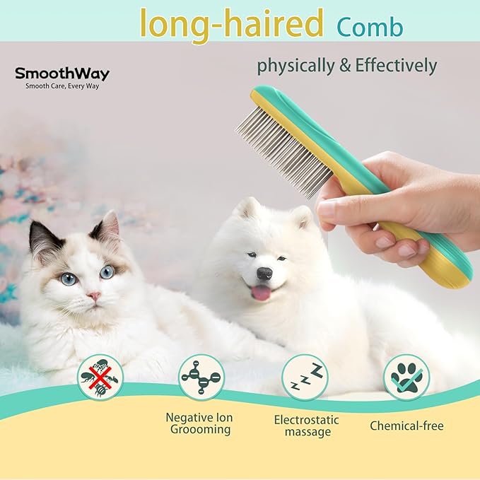 Premium Flea Comb for Dogs &amp; Cats with Long Hair - 3-Row Stainless Steel Detection Tool with Manual Cleaning Brush | Electric Negative Ion Grooming Comb for Shaggy Dogs, Cats and Long-haired Animals