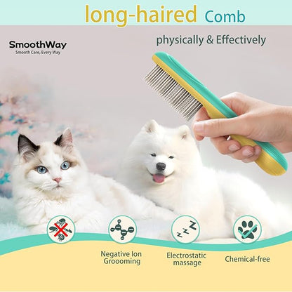 Premium Flea Comb for Dogs &amp; Cats with Long Hair - 3-Row Stainless Steel Detection Tool with Manual Cleaning Brush | Electric Negative Ion Grooming Comb for Shaggy Dogs, Cats and Long-haired Animals