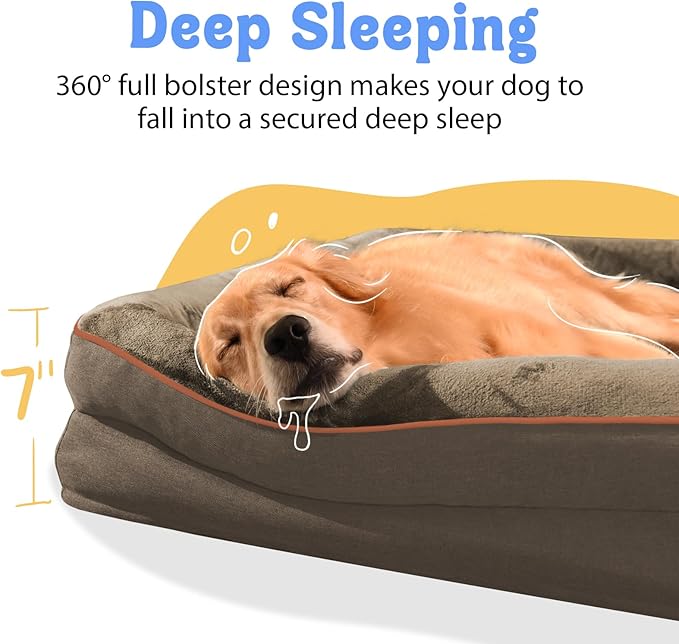 Orthopedic XL Large Dog Bed - Removable Bolster &amp; Waterproof Washable Cover for Pet Big Dogs Bed Extra Large Dog Beds with Foam Support Non-Slip Bottom
