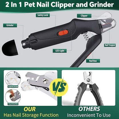 2 in 1 Dog Nail Clippers and Grinder with Lights &amp; Cat Nail Clipper for Large Medium Small Dogs Cats Nail Trimmers USB Rechargeable with 2 LED Lights Dog Claw Care for Non-Black Nails
