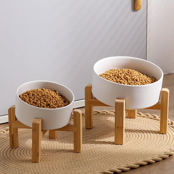 White Elevated/Raised 15°Tilted Anti Slip Ceramic Dog Bowl for Medium &amp; Large Breeds,Slanted Bulldog Big Face Pet Food Water Feeding Dish with Stand (7.6 Cups/60OZ)