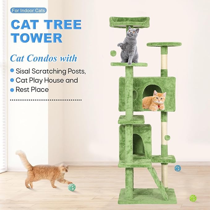 FDW Cat Tree 70in Cat Tower Multi-Level Durable Cat Scratching Post &amp; Cozy Fun Cat Jumping Platform Space Saving Cat Condo Pet Play House for Indoor Cats,Green