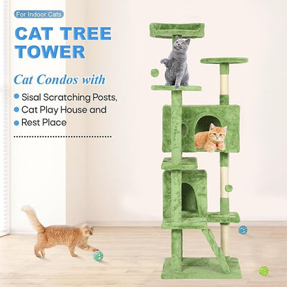 FDW Cat Tree 70in Cat Tower Multi-Level Durable Cat Scratching Post &amp; Cozy Fun Cat Jumping Platform Space Saving Cat Condo Pet Play House for Indoor Cats,Green