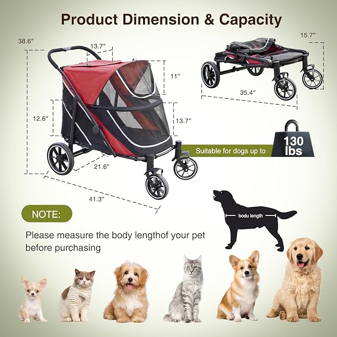 Dog Stroller for Medium/Large Dogs One-Click Folding, Extra Large Pet Stroller for 2 Dogs with Storage Pocket &amp; Shock Absorption, Up to 130 lbs, Red