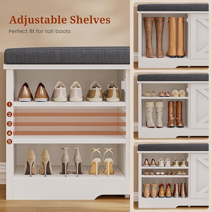 Farmhouse Storage Bench with Flip Drawers &amp; Padded Seat Cushion, Half Hidden Shoe Rack Organizer, Adjustable Shelf Shoe Cabinet for Large Family, Entryway, Bedroom, Living Room (White)