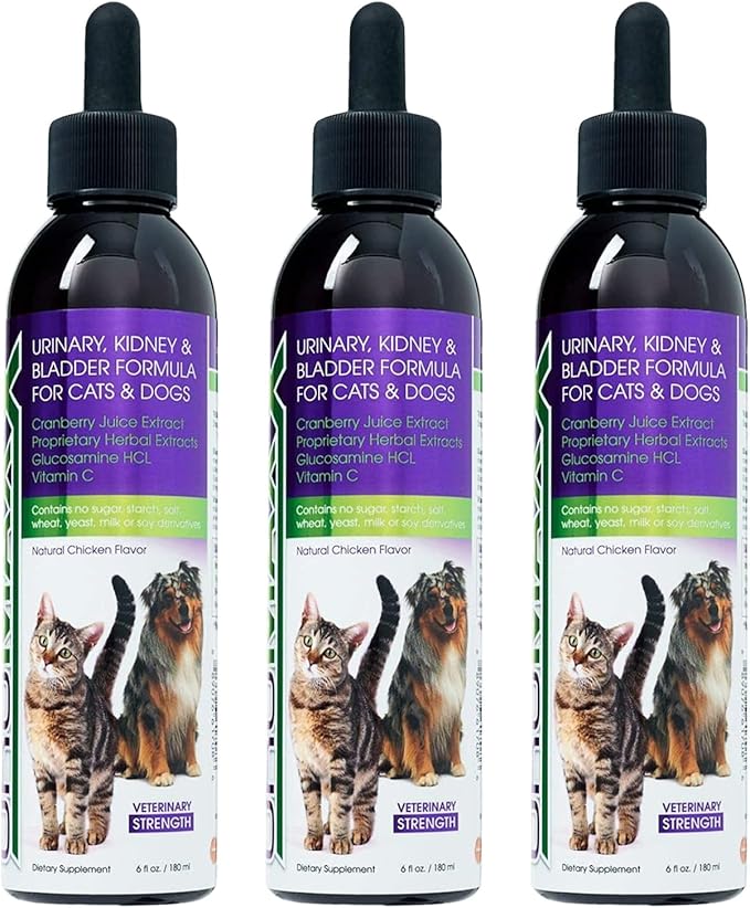 Cat &amp; Dog Urinary Tract Treatment, Bladder &amp; Kidney Support for Dogs and Cats, Powerful Yet Gentle Pet Care, with Liquid Cranberry &amp; Glucosamine, Chicken Flavor, 6 oz Bottle, 3 Pack