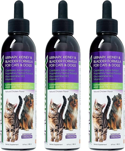 Cat &amp; Dog Urinary Tract Treatment, Bladder &amp; Kidney Support for Dogs and Cats, Powerful Yet Gentle Pet Care, with Liquid Cranberry &amp; Glucosamine, Chicken Flavor, 6 oz Bottle, 3 Pack