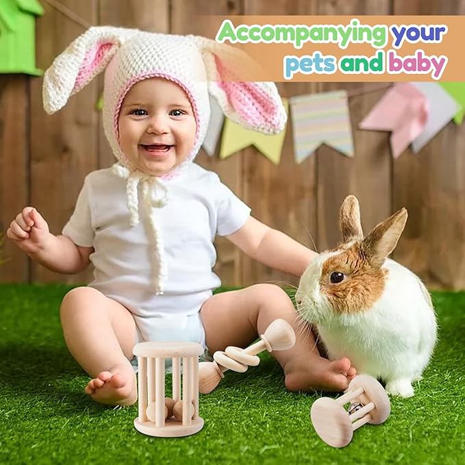 3 Pcs Wooden Bunny Toys - Safe Rabbit &amp; Guinea Pigs Teeth Grinding Toys for Chinchillas, Hamsters &amp; Small Animals - Indoor &amp; Outdoor