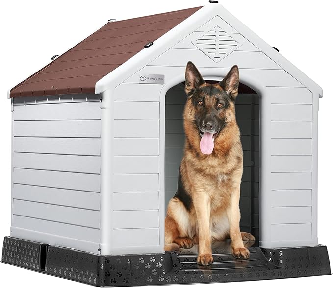 LEMBERI Durable Waterproof Plastic Dog House for Small to Large Sized Dogs, Indoor Outdoor Doghouse Puppy Shelter with Elevated Floor, Easy to Assemble (Brown, 42&