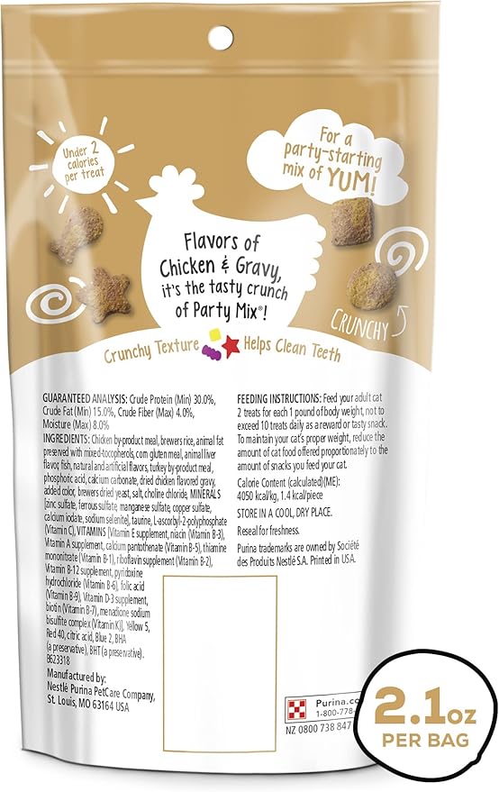 Purina Friskies Party Mix Cat Treats, Gravy-Licious Crunch with Chicken &amp; Gravy Flavors, Crunchy Treats for Cats, 2.1 Ounce Resealable Pouch (Pack of 3)