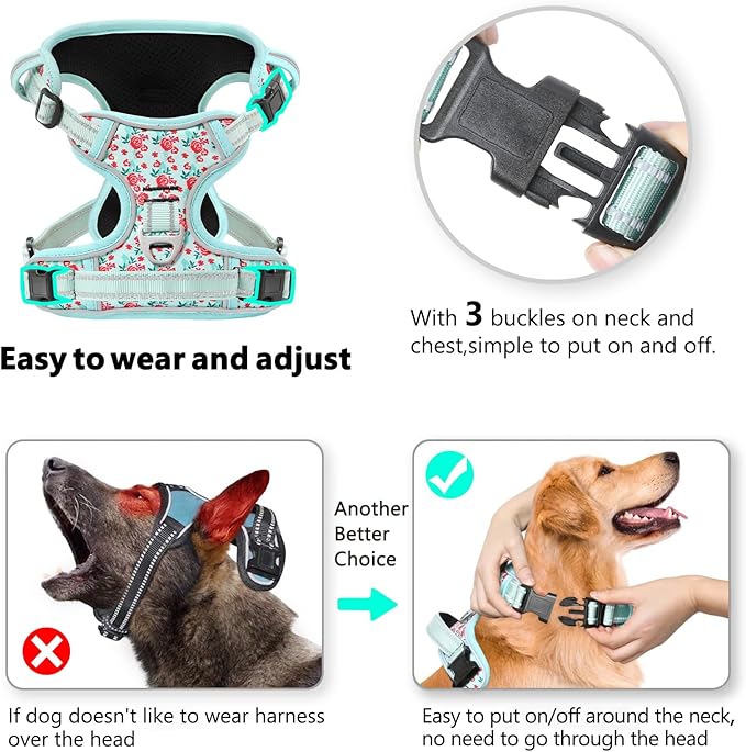 Timos No Pull Dog Harness, Release at Neck Reflective 3 Snap Buckles Adjustable No Choke Pet Vest with Front &amp; Back 2 Leash Clips, Soft Padded Control Training Handle for Small Medium Large Dogs