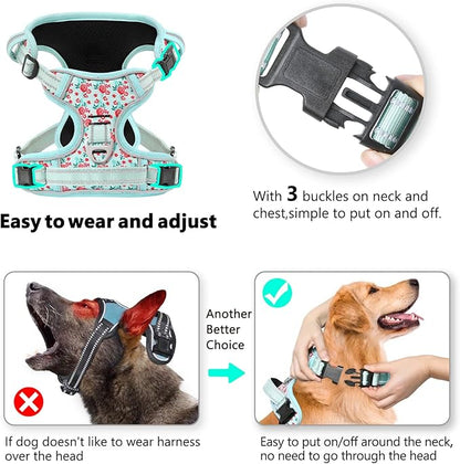 Timos No Pull Dog Harness, Release at Neck Reflective 3 Snap Buckles Adjustable No Choke Pet Vest with Front &amp; Back 2 Leash Clips, Soft Padded Control Training Handle for Small Medium Large Dogs