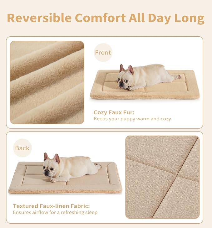 Made4Pets Dog Crate Pad Bed for Medium Large Dogs, Washable &amp; Reversible, Anti-Slip Kennel Mat for Cozy Sleeping, Soft Fluffy Dog Bed for Indoor &amp; Outdoor Use, 35"x23", Khaki