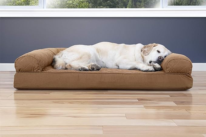 Furhaven Cooling Gel Dog Bed for Large Dogs w/ Removable Bolsters &amp; Washable Cover, For Dogs Up to 95 lbs - Quilted Sofa - Toasted Brown, Jumbo/XL