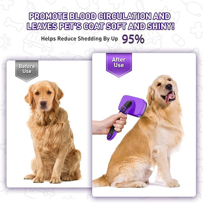 Dogs Cats Self Cleaning Slicker Brush for Shedding &amp; Grooming Any Breed of Pets, Removes Loose, Undercoat, Mats, Tangled Hair for Small Medium Large Animal With Long Short Fur Length, Purple