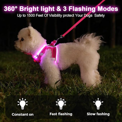 Light Up Dog Harness,Rechargeable LED Dog Harness for Small Medium Large Dogs,Reflective Lighted Safety Vest for Night Walking &amp; Camping,Lightweight &amp; Adjustable,Pink,L