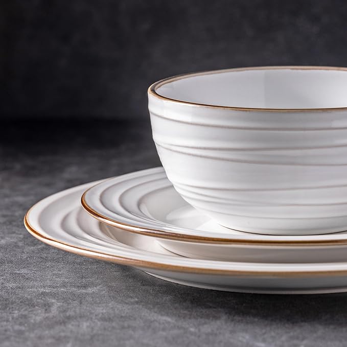 GBHOME Ceramic Dinnerware Sets, 24 pcs Embossed Elegant Stoneware Plates and Bowls Sets, Housewarming Wedding Gift | Dishwasher &amp; Microwave Safe | Dishes Set Service for 8