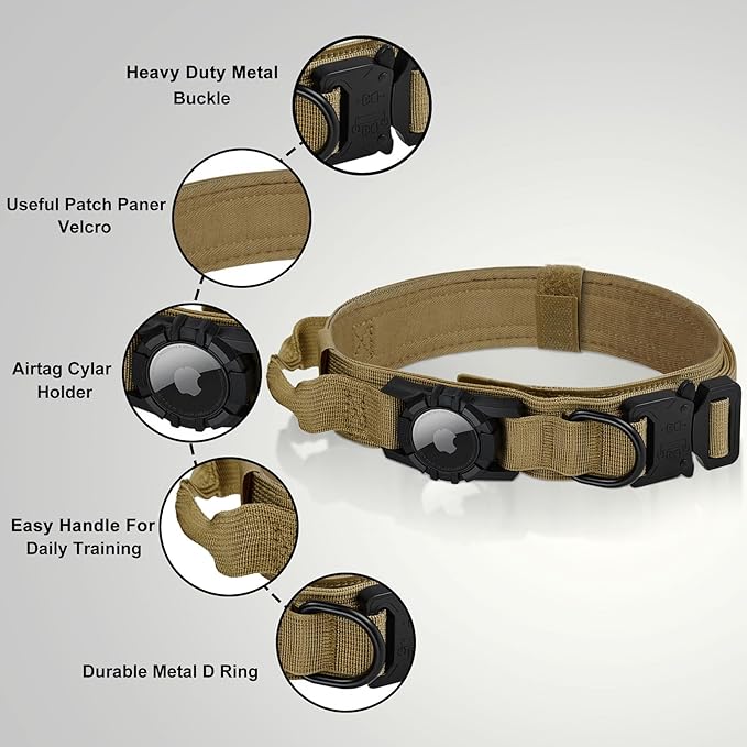 Tactical AirTag Dog Collar - Heavy Duty, Adjustable GPS Collar Compatible with Apple AirTag, with Holder &amp; Control Handle for Medium/Large Dogs [ Brown, XL ]
