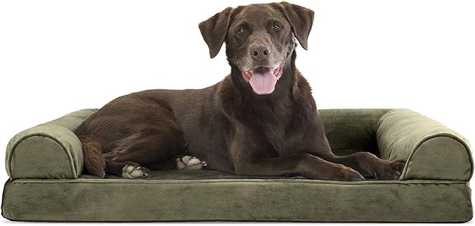 Furhaven Orthopedic Dog Bed for Large/Medium Dogs w/ Removable Bolsters &amp; Washable Cover, For Dogs Up to 55 lbs - Faux Fur &amp; Velvet Sofa - Dark Sage, Large