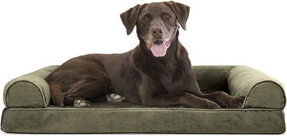 Furhaven Orthopedic Dog Bed for Large/Medium Dogs w/ Removable Bolsters &amp; Washable Cover, For Dogs Up to 55 lbs - Faux Fur &amp; Velvet Sofa - Dark Sage, Large