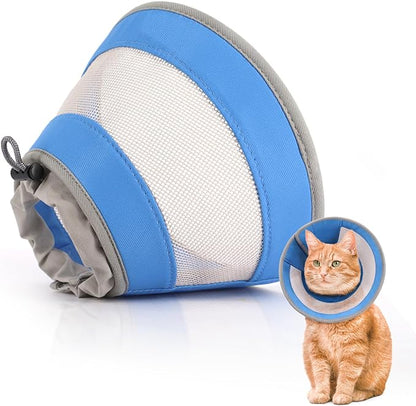 Breathable Air Mesh Cat Cone Collar Soft to Stop Licking, Adjustable, Foldable Lightweight Kitten Cones After Surgery Recovery for Cats &amp; Kittens (Blue, S)