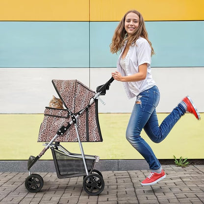 MoNiBloom 3 Wheels Pet Dog Cat Stroller for Small Medium Dogs Cats, Lightweight Foldable Jogger Stroller w/Storage Basket &amp; Cup Holder, Leopard Print
