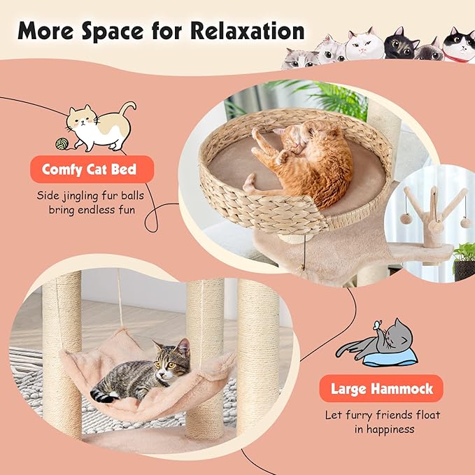 PETSITE Woven Cat Tree, Modern Cat Tower with Hammock &amp; Scratching Posts, Cattail Condo &amp; Top Perch, Cat Activity Tree for Indoor Cats