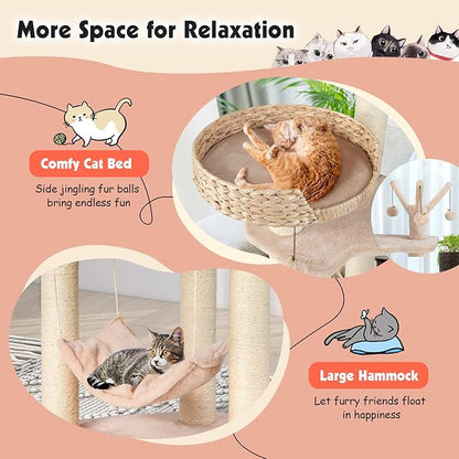 PETSITE Woven Cat Tree, Modern Cat Tower with Hammock &amp; Scratching Posts, Cattail Condo &amp; Top Perch, Cat Activity Tree for Indoor Cats