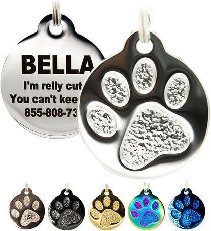 Engraved Pet Tag for Dogs and Cats - Personalized Front &amp; Back up to 4 Lines of Text Custom Engraved ID, Round Paw Print Solid Plating Stainless Steel Silver Small