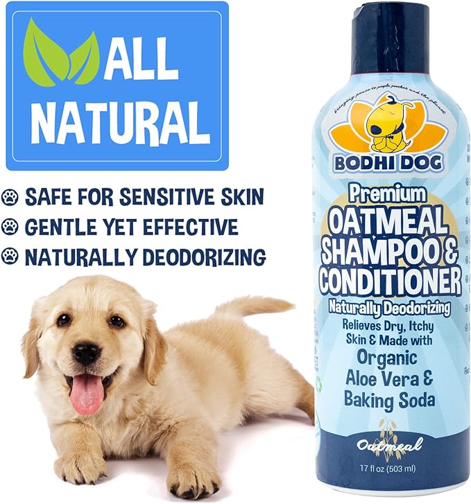Bodhi Dog Grooming Bundle - Oatmeal Shampoo &amp; Conditioner with Bath Brush - Pet Shower Supplies for Dogs and Cats - Gentle Care for Long, Short &amp; Curly Hair, Safe and Effective, Made in USA