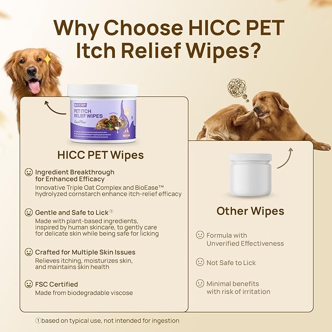HICC PET Itch Relief Wipes for Dogs &amp; Cats, Rapidly Relieves Itching, Soothes Hot Spots and Skin Irritations, Hypoallergenic Hot Spot Treatment Cleaning Wipes, Alleviate Dry Itchy Skin - 100 Count