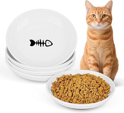 Ceramic Cat Food Bowls - 4 Pack Shallow Plates for Wet Food, Whisker-Friendly Feeding Dish with Non-Slip Silicone Base, Microwave &amp; Dishwasher Safe for Indoor Cats &amp; Kittens