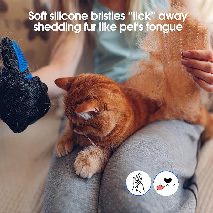Upgrade Efficient Pet Hair Remover Gloves - Gentle Shedding Brushes for Dogs, Cats &amp; Horses with Long and Short Hair - 1 Pair (Blue)