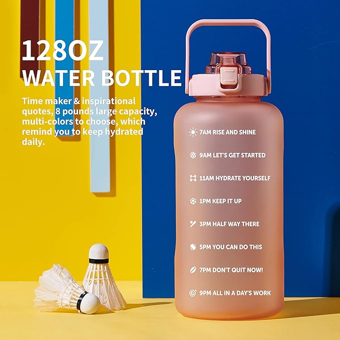 64oz,100oz,128oz Large Motivational Water Bottle with Time Marker, Leakproof &amp; BPA Free Half Gallon Big Water Bottle with Straw Handle Tritan Frosted Water Jug for Gym,Fitness,Outdoor Sports