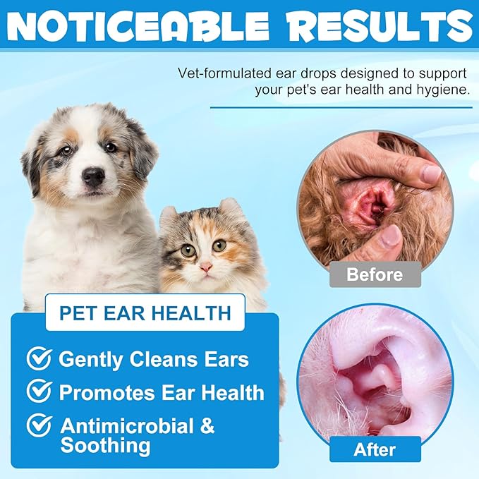 Dog Cat Ear Infection Treatment Drops, Pets Ear Cleaning Drops with 1% Hydrocortisone for Dog &amp; Cats Yeast Infection, Itchy Ear Relief, Pet Ear Care Supplies for Dogs &amp; Cats -2fl oz(2PCS)