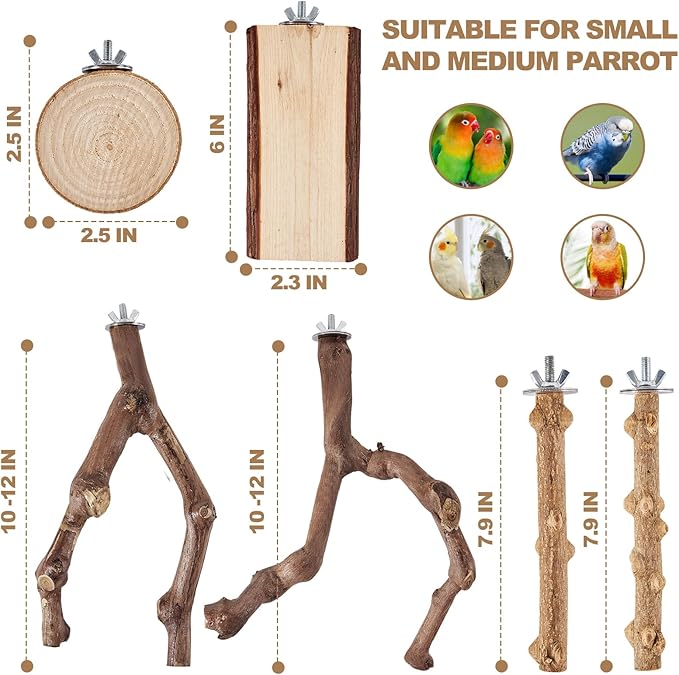 6-Piece Bird Perch Set - Natural Wood Grape Sticks, Paw Grinding Forks, Bird Stand &amp; Toys for Parakeets, Cockatiels, Conure, Budgies