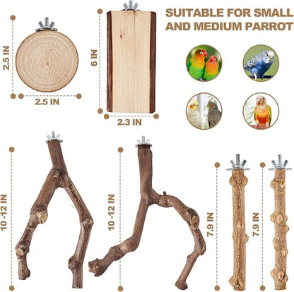 6-Piece Bird Perch Set - Natural Wood Grape Sticks, Paw Grinding Forks, Bird Stand &amp; Toys for Parakeets, Cockatiels, Conure, Budgies