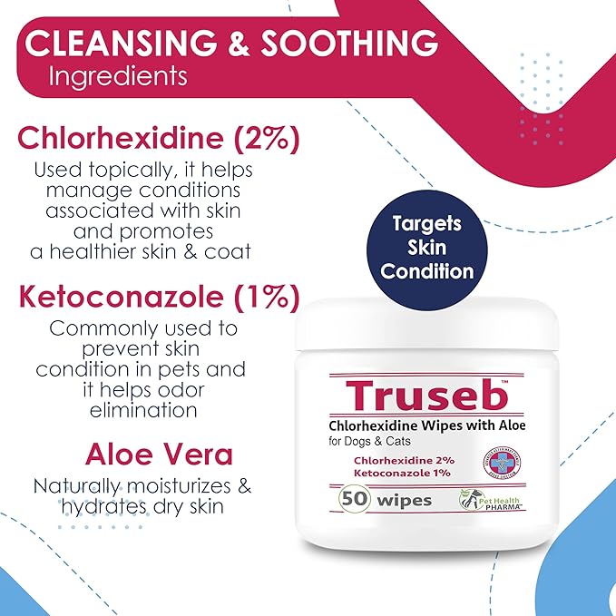 Chlorhexidianes Wipes for Dogs, Cats and Horses (Made in U.S.A) (USA) (Ketoconazole &amp; Chlorhexidine Wipes, 50 Count)
