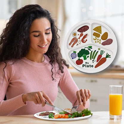 10" 3-Grid Cute Cartoon Portion Control Plate - Melamine, Healthy Nutrition for Weight Loss &amp; Diabetes Management, Ideal for Adults &amp; Teens Kids (4 Pack)