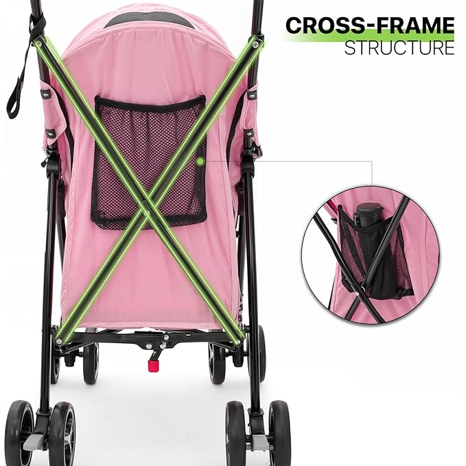 Magshion Compact Pet Stroller for Small-Medium Dogs/Cats up to 22lbs, 4-Wheel Lightweight Umbrella Shaped Portable Puppy Travel Jogger with Breathable Mesh &amp; Rear Storage, Pink