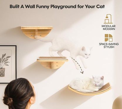 Cat Wall Shelves with Sisal Pads, 4-Piece Wooden Cats Furniture Set with Cat Window Perch, Flat Shelf &amp; Sisal-Clad Steps for Climbing and Scratching