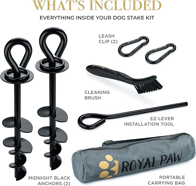 ROYAL-PAW Dog Tie Out Stake - for Large Dogs up to 210 lbs - Heavy Duty Dog Stake for Yard, Beach &amp; Camping Outside - Best in Ground Anchor for a Dog Cable, Leash, Lead Tether (1, Black)