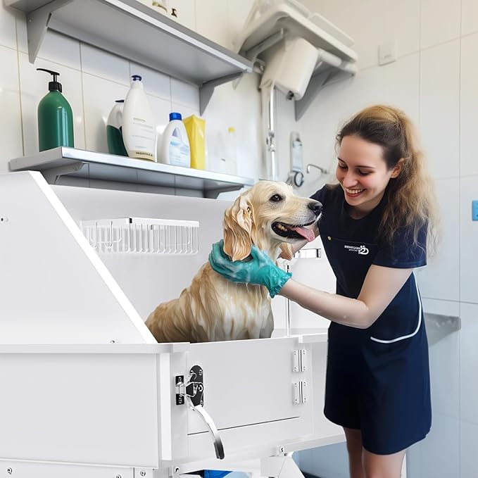 Dog Washing Station for Home, 38" White Professional Stainless Steel Dog Grooming Tub, Height Adjustable Dog Bathing Station, Upgrade Parts, Dog Bath Tubs for Small &amp; Medium Dogs(Left Ramp)