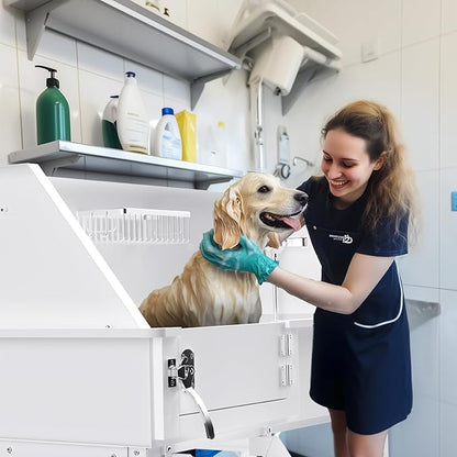 Dog Washing Station for Home, 38" White Professional Stainless Steel Dog Grooming Tub, Height Adjustable Dog Bathing Station, Upgrade Parts, Dog Bath Tubs for Small &amp; Medium Dogs(Left Ramp)